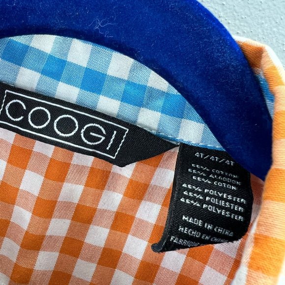 Coogi Button Up Shirt size 4T Plaid Gingham Check Blue Orange Logos Boys - Picture 5 of 5